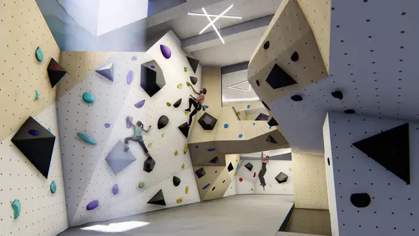Flat gentle walls on the upper floor are coupled with interesting corners for a super friendly climbing experience!