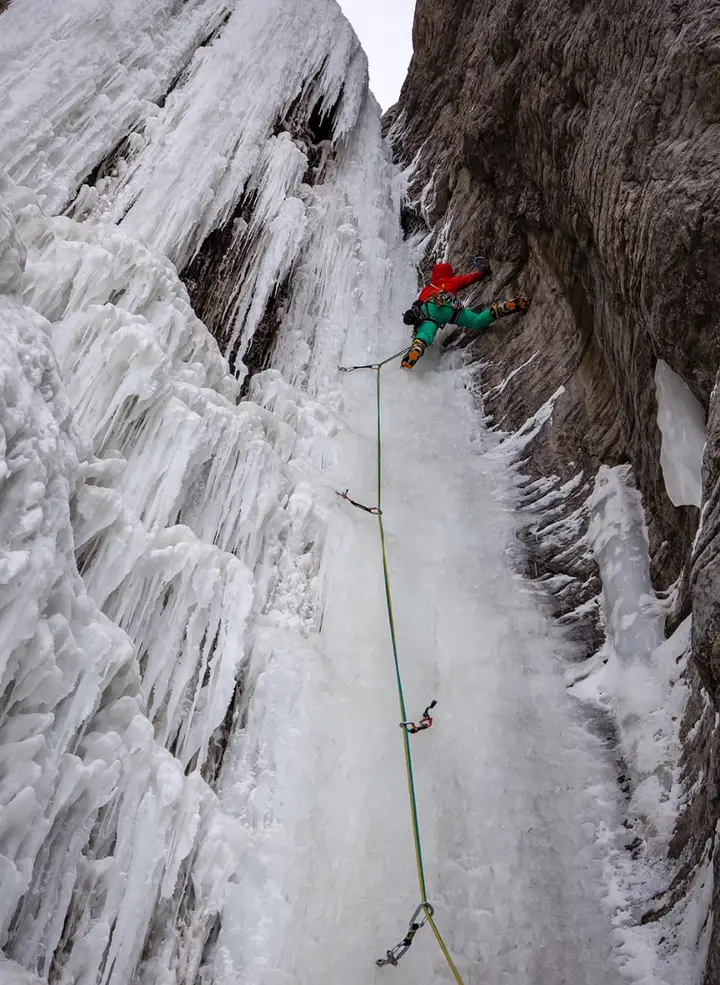 Prerna ice-climbing a route called Tarbatarr in Keh Nallah.