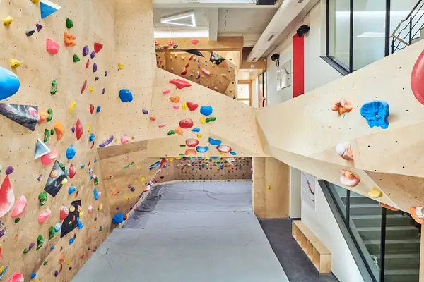 A long bouldering wall at BoulderBox