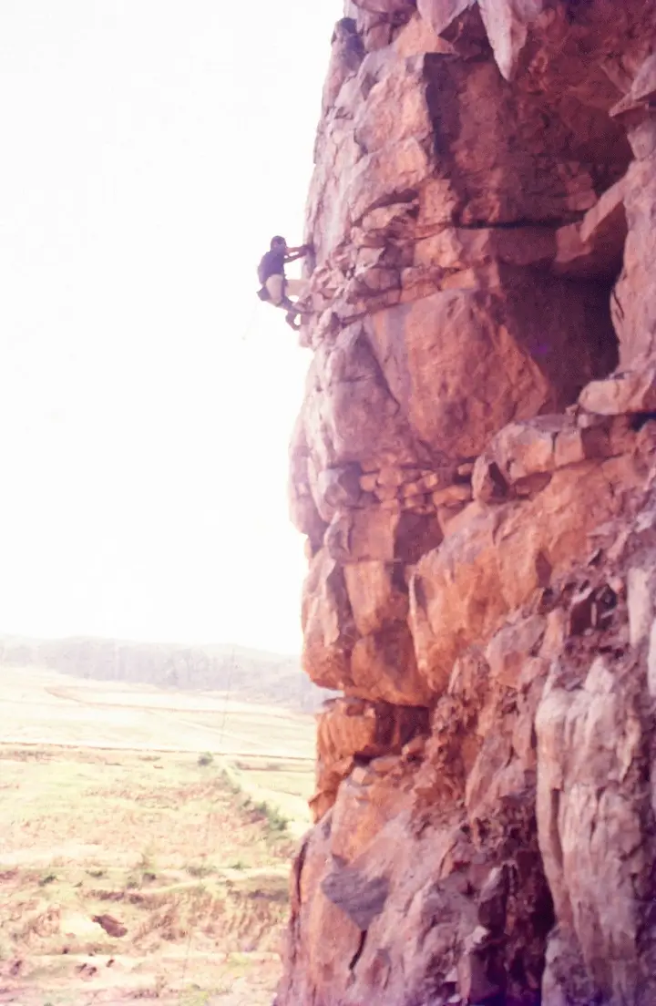 Mo climbing “Beckon” in the Mughals Area, a 5.9 route, standing at 75 feet. First ascent in 1987.