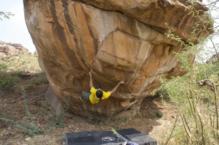 Yadu Bhageria trying out some boulders around Badami town