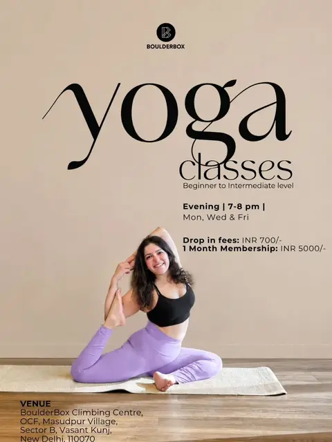 Yoga classes poster: beginner to intermediate, Monday, Wednesday and Friday, 7 to 8 PM, drop-in ₹700, one month ₹5,000